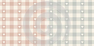 Plaid pattern with pretty hearts in pink, grey, beige. Seamless tartan vichy gingham check graphics for dress, shirt.