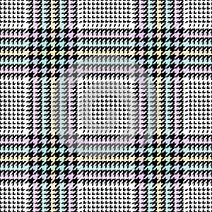 Plaid pattern seamless glen in black, white, purple, green, yellow. Tweed tartan check hounds tooth graphic vector texture.