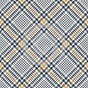 Plaid pattern seamless glen in blue, gold yellow, off white. Tweed tartan check hounds tooth graphic vector texture for jacket.