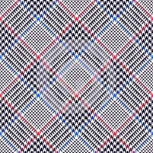 Plaid pattern seamless glen in blue, red, white. Tweed tartan check hounds tooth graphic vector texture for jacket, coat, skirt.