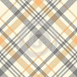 Plaid pattern seamless tartan in grey, orange, yellow, beige. Asymmetric herringbone light plaid vector for womenswear scarf.