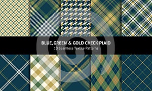 Plaid pattern set for autumn winter in blue, green, gold, off white. Seamless dark tartan check plaid backgrounds for flannel.
