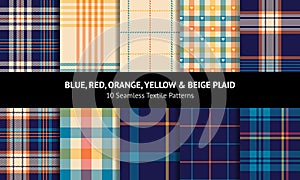 Plaid pattern set in blue, red, orange, yellow, beige. Colorful bright tartan check graphics for flannel shirt, skirt, dress.