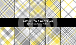 Plaid pattern set. Grey, yellow, white flannel checks. Seamless spring summer tartan. Glen, tweed, gingham, vichy, buffalo check.