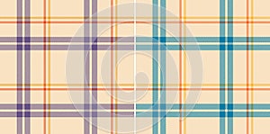 Plaid pattern set seamless in purple, orange, yellow, beige. Light textured tartan check backgrounds for spring summer autumn.