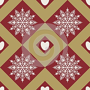 Plaid pattern with snowflake and heart elements design for Christmas and new year holidays.