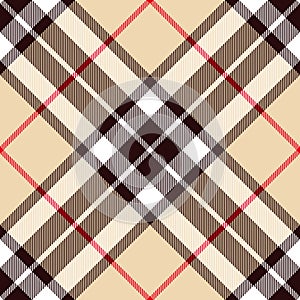 Plaid pattern Thomson tartan in beige, red, white, brown. Seamless diagonal Scottish tartan check vector for spring.