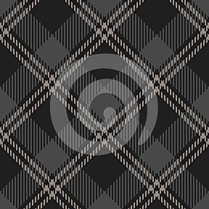 Plaid pattern vector graphic in dark grey. Seamless diagonal tartan check plaid.