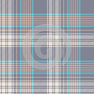 Plaid pattern vector in grey, soft pink, blue, beige. Seamless light textured tartan check background for flannel shirt.