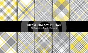 Plaid pattern vector set in yellow, grey, white. Spring summer light glen, tweed, gingham, vichy, buffalo check, herringbone.