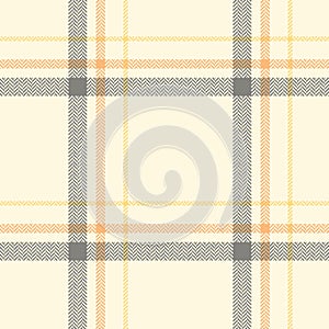 Plaid pattern vector in soft grey, orange, yellow, beige. Asymmetric herringbone light tartan check for womenswear scarf, skirt.
