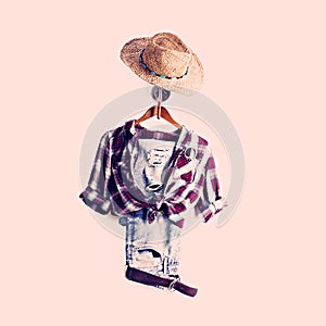 Plaid Shirt and Jeans on Hanger with Sunhat