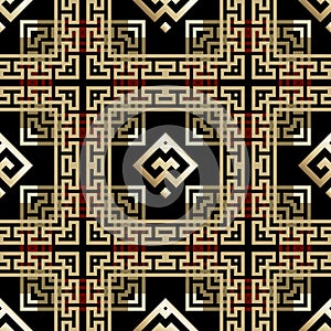 Plaid tartan luxury gold seamless pattern. Checkered ornamental greek style background. Repeat tribal ethnic backdrop. Golden