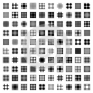 Plaid tartan pattern seamless big set. One hundred original and unique patterns. Vector checkered plaids fabric texture black