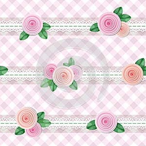 Plaid textile seamless pattern background, decorated with lace and roses. Girly. Vector