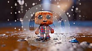 Plaid Toy Figure Standing In Rain And Scottish Robot Swimming In Irn Bru Puddle