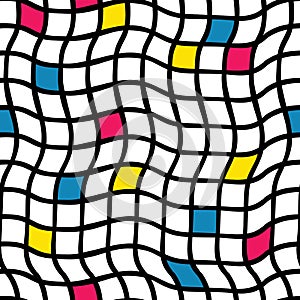 Plaids irregular handdrawn. Vector seamless pattern. Black grid with yellow, blue, and pinkish red colored squares. Optical