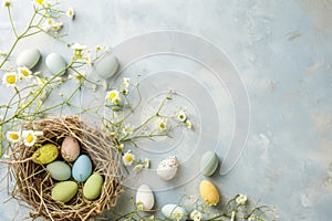 A plain background decorated with eggs and delicate flowers creates a festive and colorful Easter themed display. Generative AI