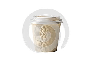 A plain beige disposable paper coffee cup with a white lid, isolated on white background