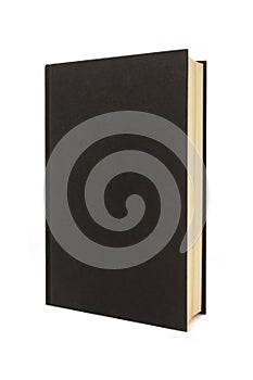 Vertical blank black hardback book or bible standing upright isolated on white background