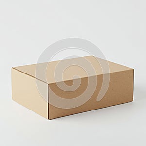 A plain brown cardboard box with a simple, rectangular shape sits on a white