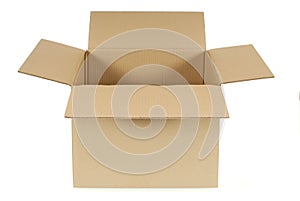 Brown cardboard box, open, empty, isolated on white background