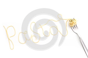 Plain cooked spaghetti pasta on fork and Pasta text, on white background.