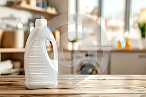 Plain detergent bottle on wood over defocused laundry room interior