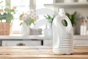 Plain detergent bottle on wood over defocused laundry room interior