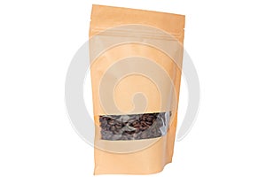Plain doypack coffee pouch with window and zipper filled with coffee beans on white background