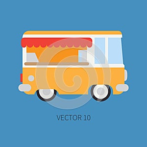Plain flat vector color icon mobile coffee shop car. Commercial vehicle. Cartoon vintage style. Van. Fast food cafe