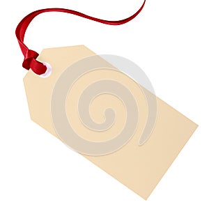 Plain gift tag with red ribbon isolated on white background