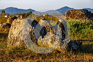 Plain of Jars, a megalithic archaeological landscape in Laos. Xieng Khouang at golden hour.