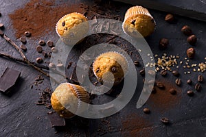 Plain mini muffins with chocolate chips on dark grey background