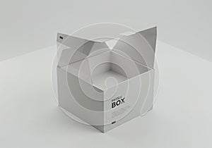 A plain, open cardboard box with a minimalist design, featuring the text 