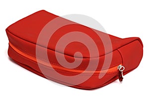 A plain red ladies pouch bag with no design prints white backdrop