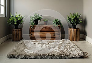 a plain room with plants and a wooden box, in the style of rug, digital minimalism, selective focus, symmetrical, white