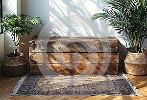a plain room with plants and a wooden box, in the style of rug, digital minimalism, selective focus, symmetrical, white