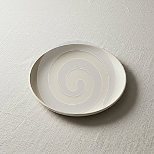 A AIgeneratedplain, round ceramic plate with a matte finish is centered on a textured white fabric
