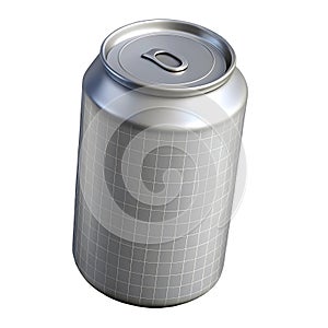A plain silver aluminum beverage can with a pull tab top isolated on white background