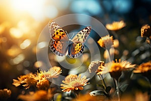 Plain Tiger Danaus Chrysippus Butterfly Insect Flying on Spring Flower at Morning Sunshine