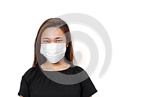 Plain white background with space for text. Asian lady wearing face mask for protection against coronavirus. Half body view young