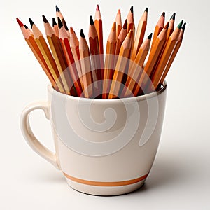 Plain white background of a very realistic cup filled with colored pencils ready for the first day of school of the term