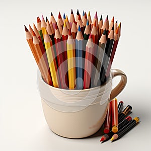 Plain white background of a very realistic cup filled with colored pencils ready for the first day of school of the term