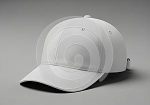 A plain white baseball cap is displayed against a neutral gray