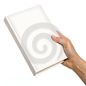 Plain white book held on a white background