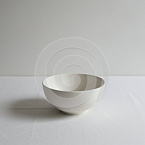 A plain white ceramic bowl is placed on a textured white tablecloth. The background is