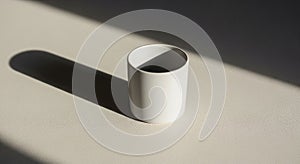 A plain white ceramic cup sits on a light-colored surface, casting a distinct shadow to the left.