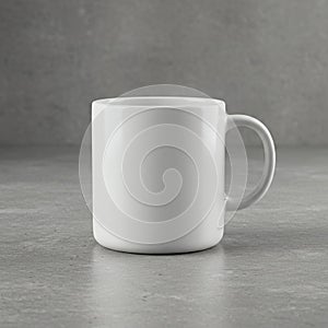 A plain white ceramic mug is centered against a gray textured background. The mug has