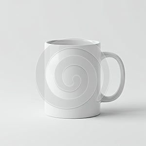 A plain white ceramic mug is centered against a light gray background. The mug
